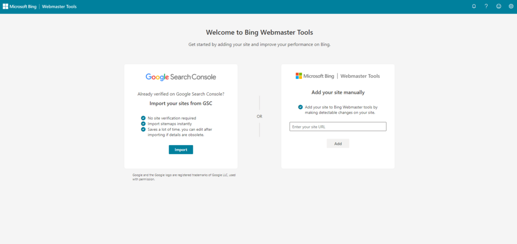 Bing Webmaster Tools setup.