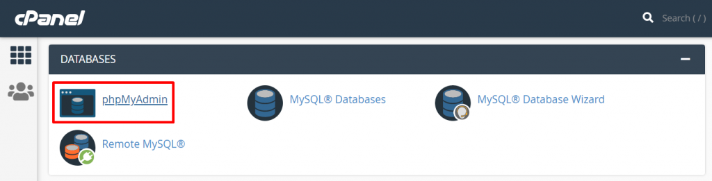 Selecting phpMyAdmin under the databases section in cPanel.