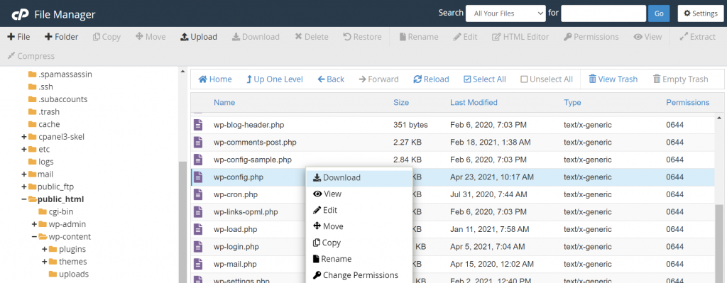 Locating the wp-config.php file in File Manager.