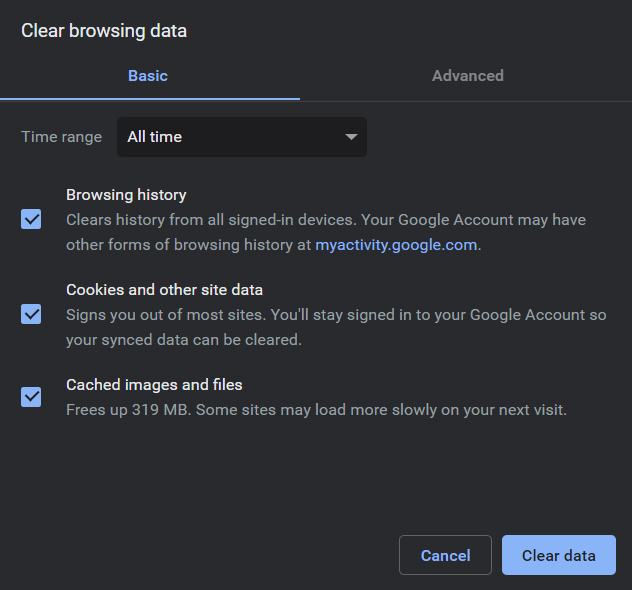 Clear browsing data settings