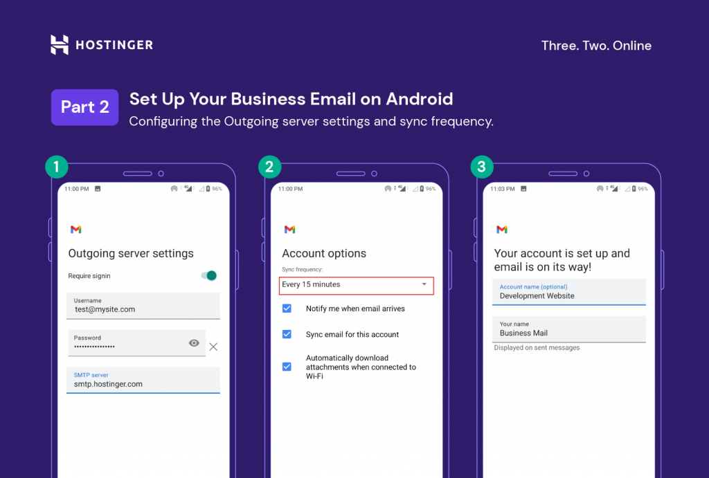A grid compilation for steps 10 to 12 on how to set up a business email on Android
