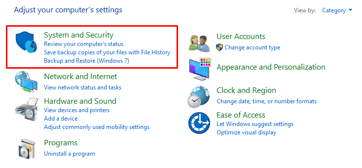 System and security settings on Windows control panel