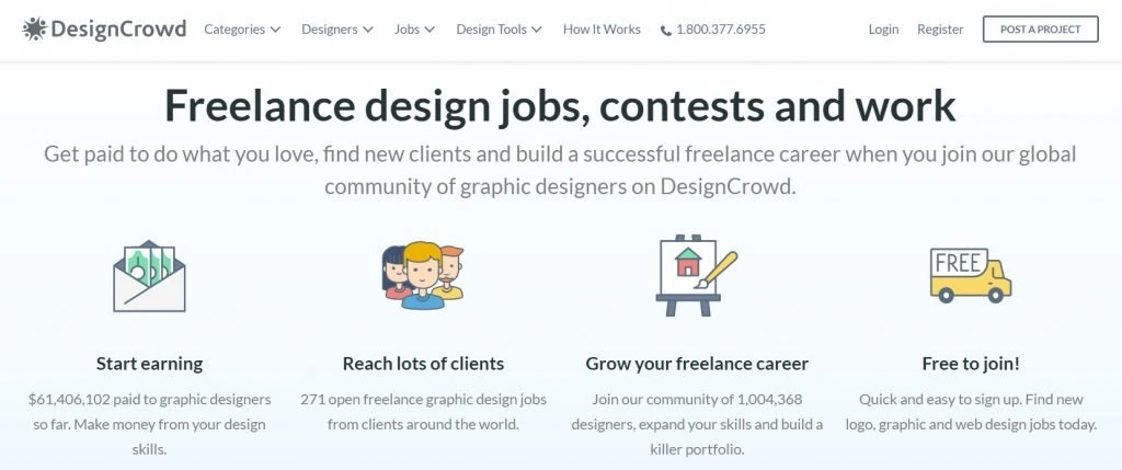 The Jobs page on the DesignCrowd website.