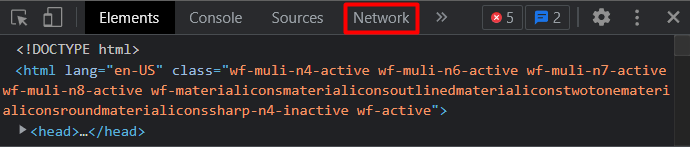 DevTools window, highlighting Network