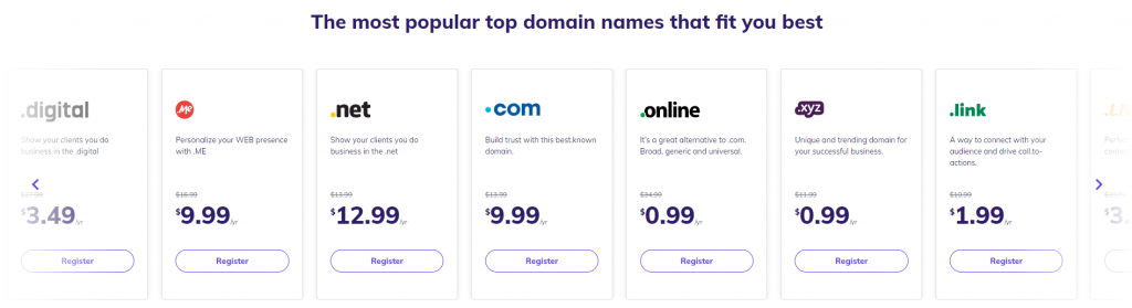 Domain extension options and pricing on Hostinger's domain checker page. 