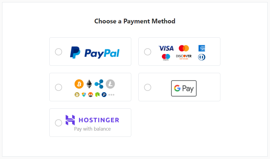 Choosing a payment method for the domain name checkout process.