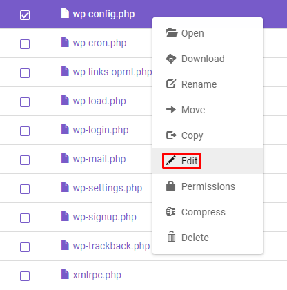 The "Edit" option after clicking right in the wp-config.php file 