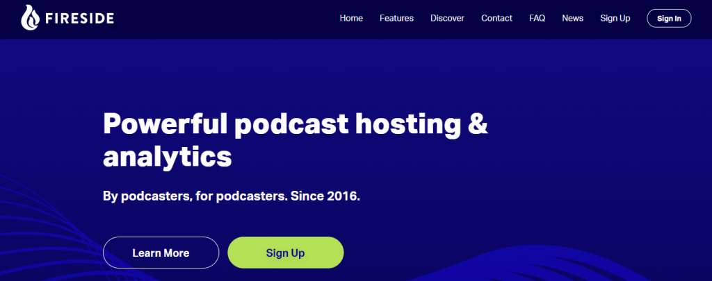 The homepage of Fireside, a podcast platform that comes with analytical tools