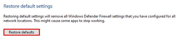 Restore default button for Windows firewall