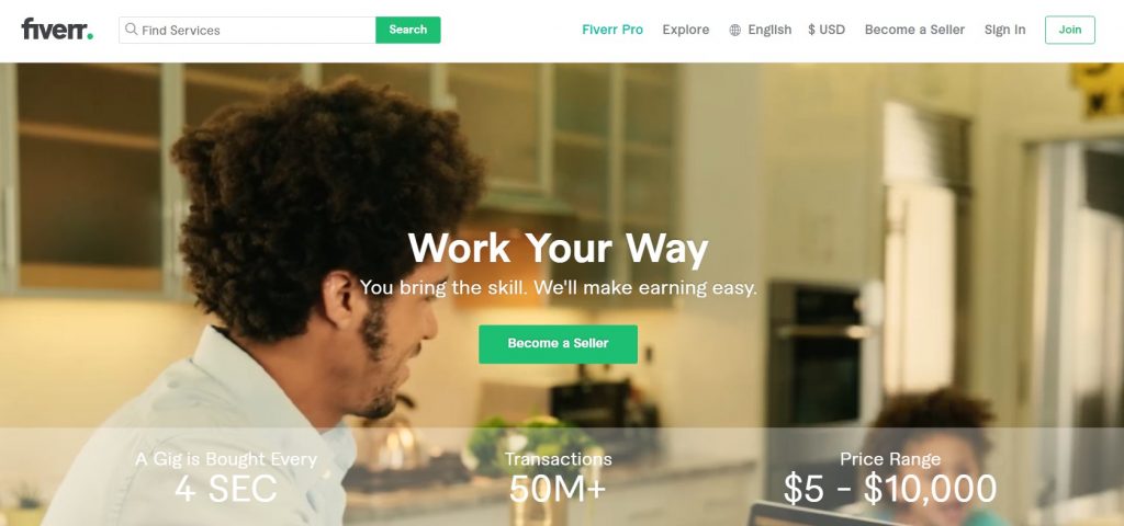 The homepage of Fiverr