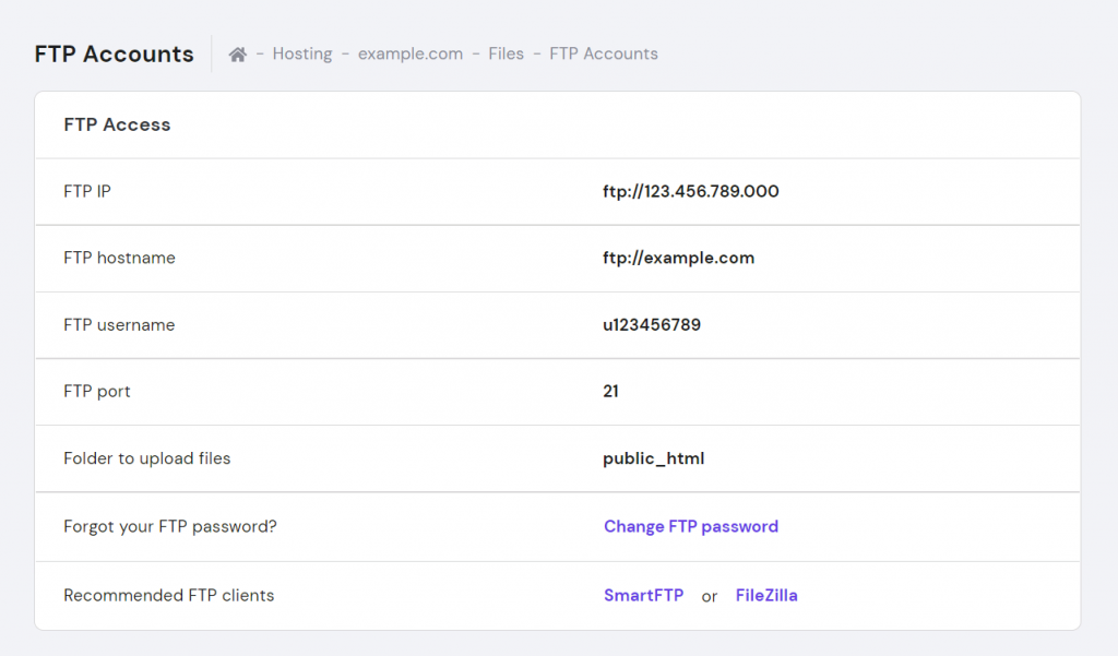 FTP access details on hPanel