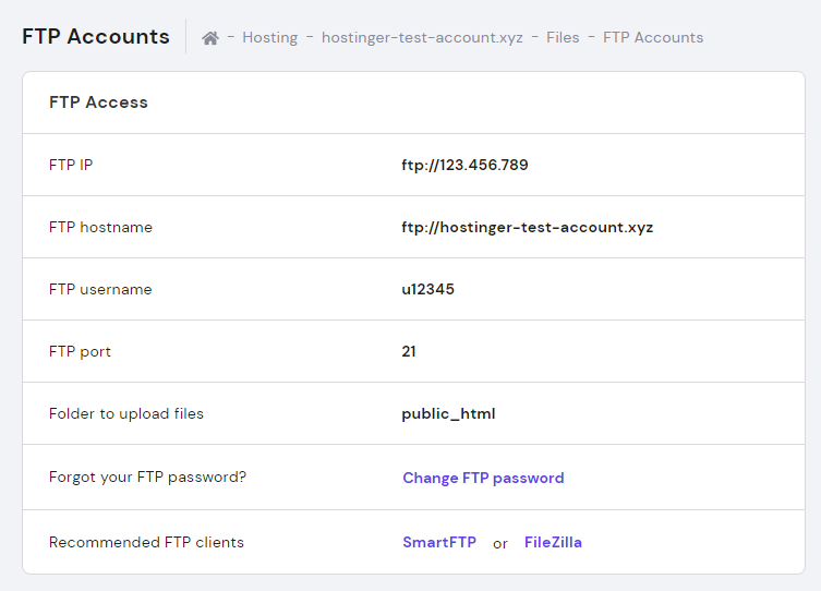 Identifiants de compte FTP et hPanel
