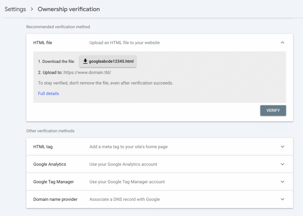 Google Search Console ownership verification methods panel