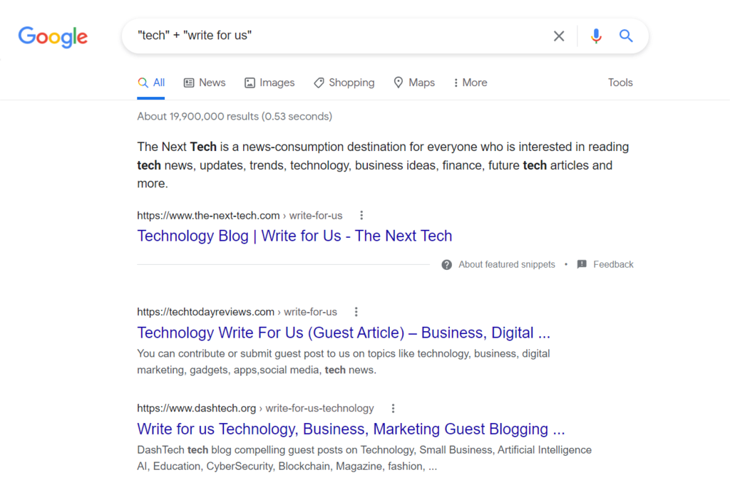 Entering "tech" and "write for us" on Google to find guest post opportunities.