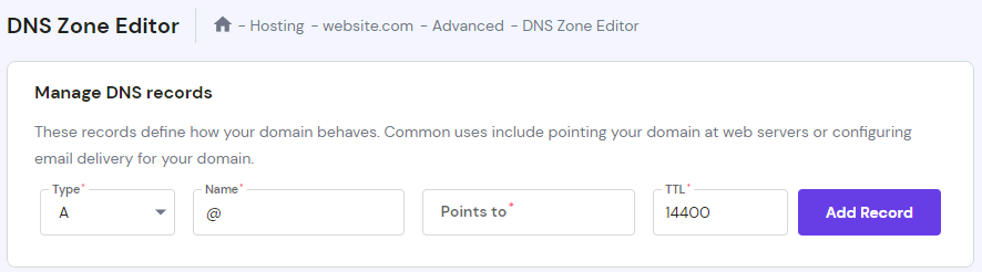 The DNS Zone Editor on hPanel, showing the Manage DNS records section to add a new record