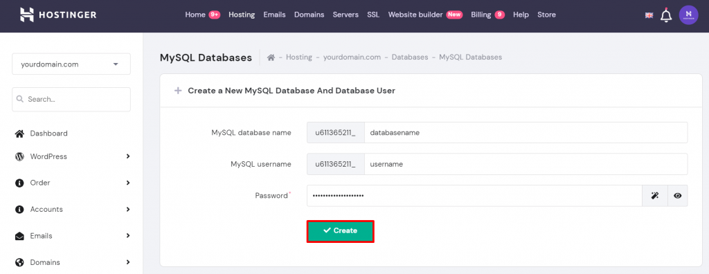 Creating a new MySQL database in hPanel.