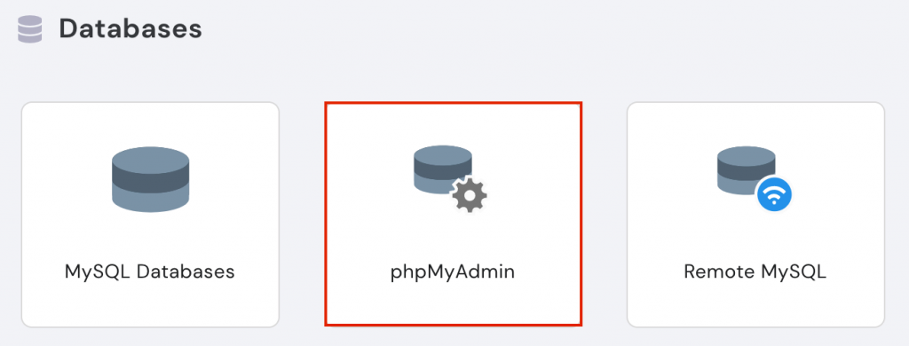 Selecting phpMyAdmin under the databases section in hPanel.