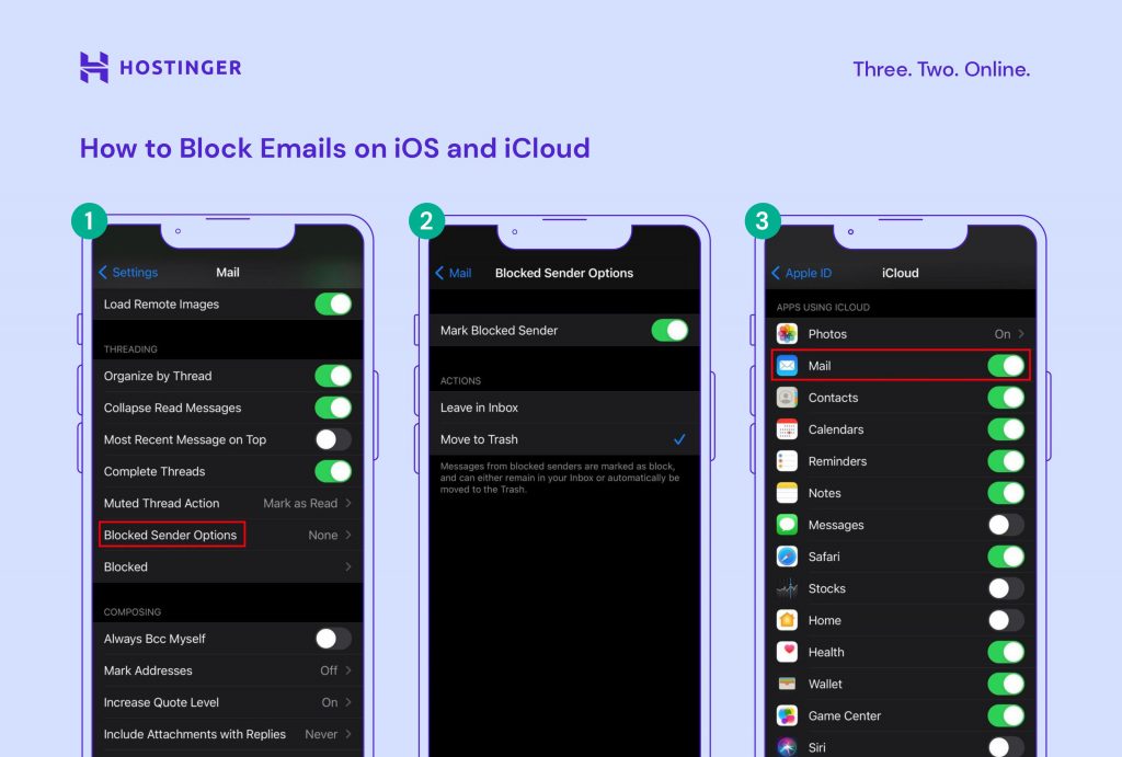 Screenshots for step 1-3 on how to block emails on iOS and iCloud