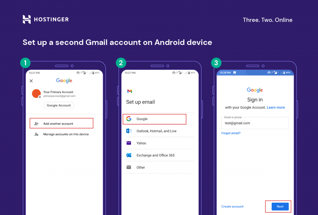 A grid compilation for steps 1 to 3 on how to set up a second Gmail account on an Android device