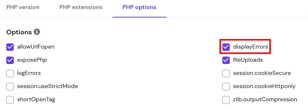 The PHP Configuration page on hPanel. The option with enabled displayErrors is highlighted