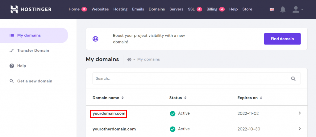 Domains section on hPanel