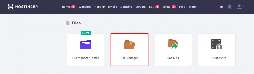 Screenshot of the File Manager on hPanel