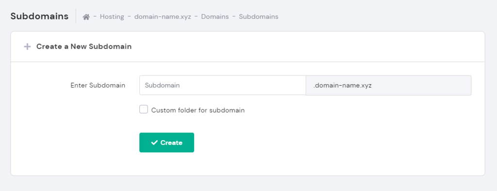 The Create a New Subdomain section on Hostinger hPanel's Subdomains page
