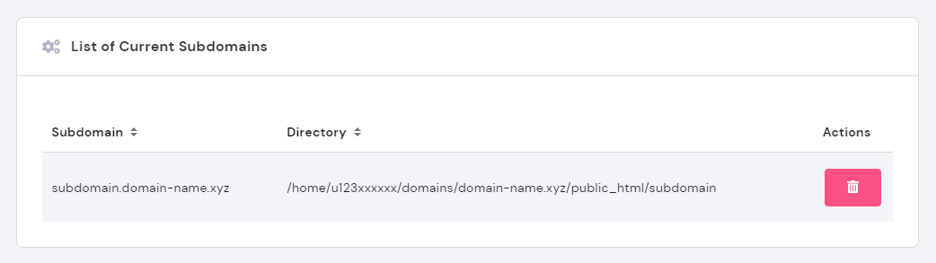 The List of Current Subdomains section of Hostinger hPanel's Subdomains page