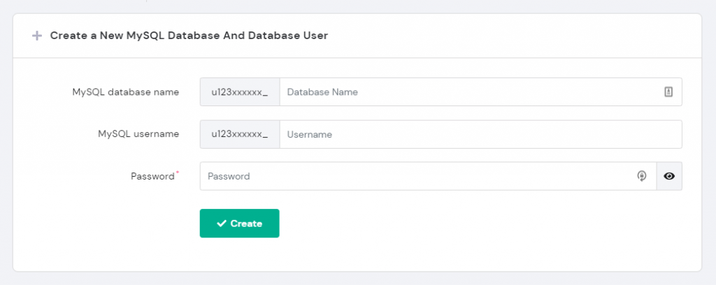 The "Create a New MySQL Database and Database User" on Hostinger hPanel's MySQL Databases page 