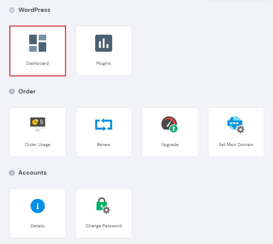 Screenshot of the Dashboard button on hPanel.