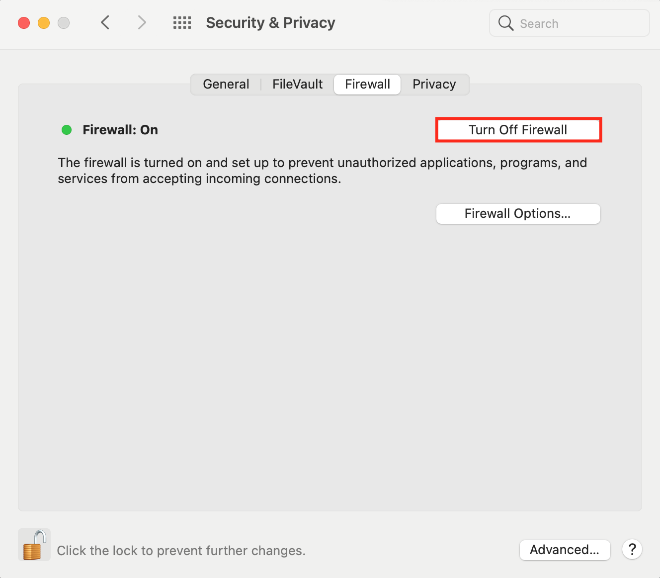Turning off Mac's firewall via Security & Privacy