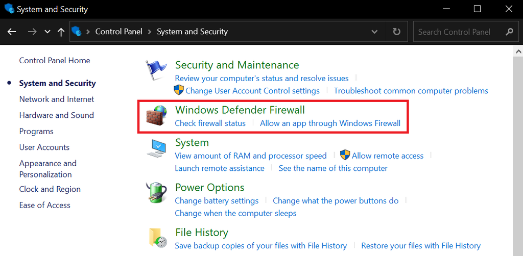 Accessing Windows Defender Firewall via System and Security