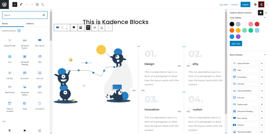Kadence Blocks settings' button