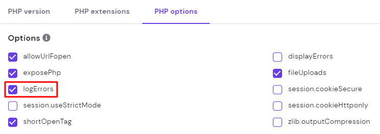 PHP options, highlighting the logErrors box