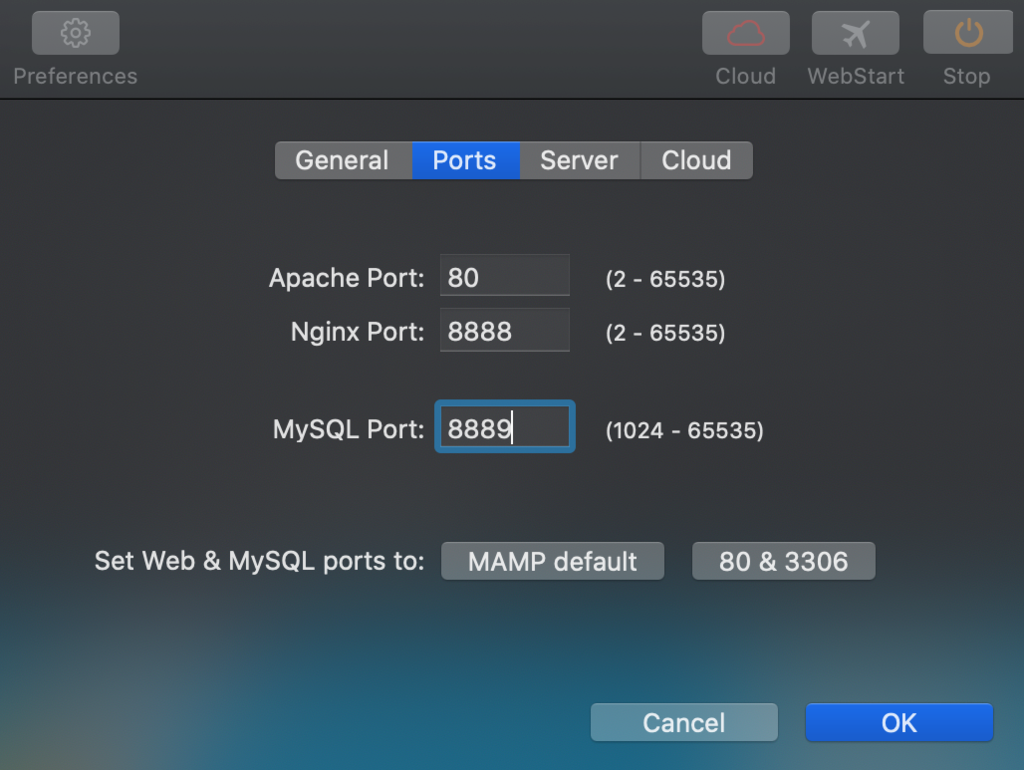 Screenshot of MAMP Ports.