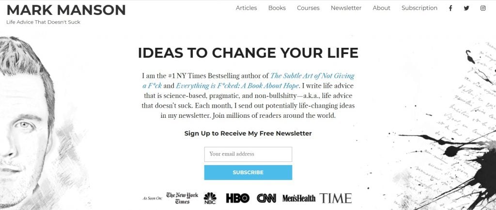 The homepage of Mark Manson's website.