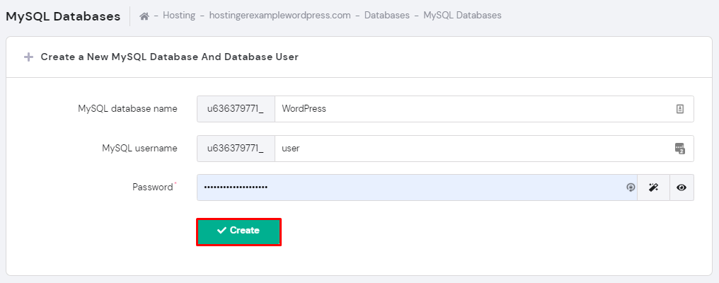hPanel's MySQL Databases settings - highlighting the "Create" button at the bottom 