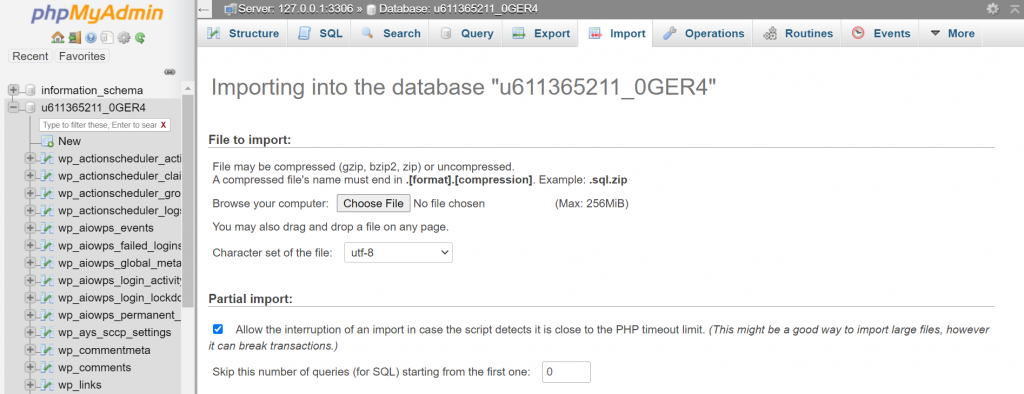 Importing into the database to restore the SQL file in phpMyAdmin.