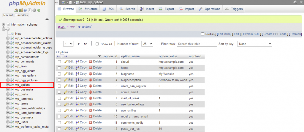 Selecting wp_options in phpMyAdmin.