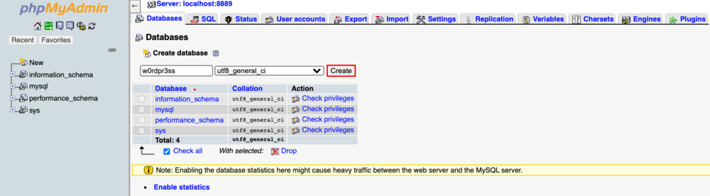 Screenshot of the create button on phpMyAdmin.