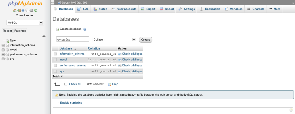 Screenshot of phpMyAdmin databases.
