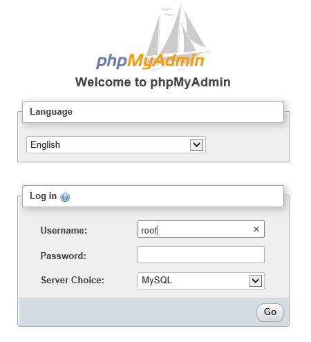 Screenshot of phpMyAdmin login.