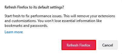 Confirmation prompt to refresh Firefox.