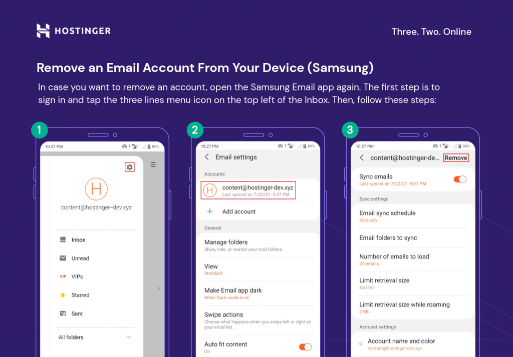 A grid compilation for steps 1 to 3 on how to remove an email account from a Samsung device