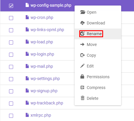 Screenshot of the step to rename the wp-config-sample.php file.