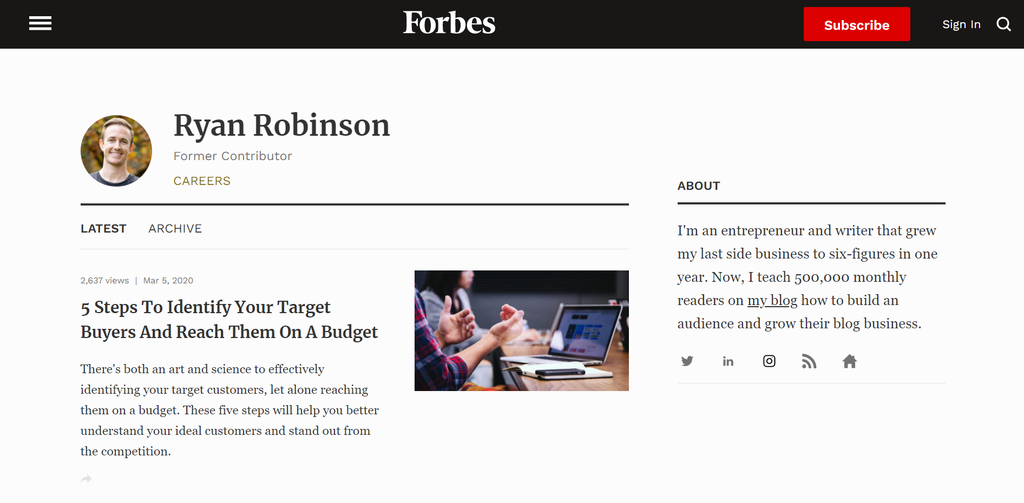 Guest post contributor Ryan Robinson's bio on Forbes.com