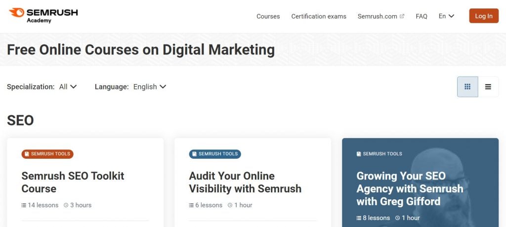 Free online Digital Marketing courses on the Semrush Academy website.