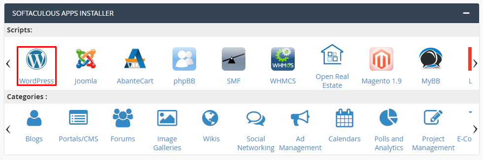 The WordPress button under the Softaculous Apps Installer in cPanel