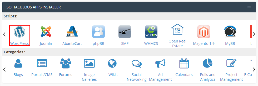 In cPanel, the WordPress button is located under the Softaculous Apps Installer.