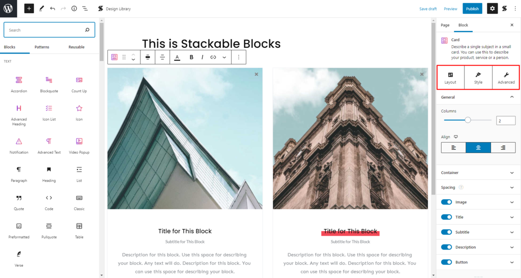 Block settings for Stackable
